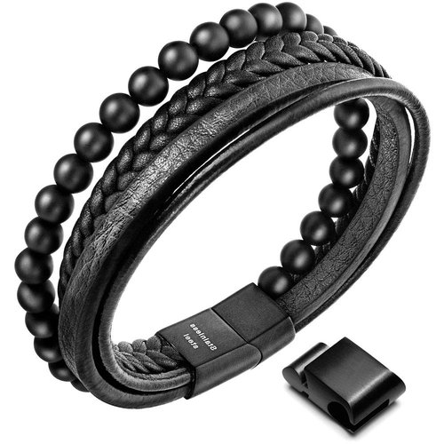 Speroto New Mens Bracelet Bead and Leather Braided, Lava and Onyx Bead Leather Bracelet for Men (Black, 8.7)