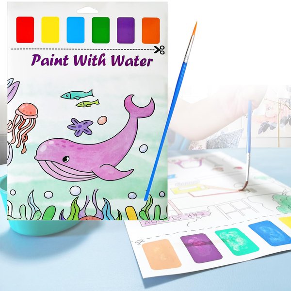 Paint with Water Books for Toddler Kids, Watercolor Painting Book Coloring Paper Card with Paint Palette and Brush Art Craft Gift for Drawing-Ocean