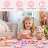 Lajeje 46pcs Kids Tea Party Set for Little Girls - Birthday Gift Toys for 3-8 Year Old Girls - Cute Princess Play Toddlers Tin Tea Set - Pretend Toys with Desserts, Flower Teapot, and Carrying Case