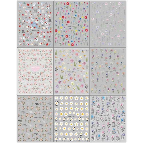 JMEOWIO 9 Sheets Spring Flower Nail Art Stickers Decals Self-Adhesive Pegatinas Uñas Colorful Summer Floral Nail Supplies Nail Art Design Decoration Accessories