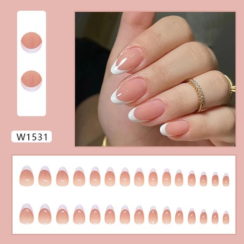 White French Tip Press on Nails Short Almond Fake Nails Nude Pink Glossy Design Full Cover False Nail Reusable Acrylic Glue on Nails for Women Girls Artificial Nails Manicure Decoration 24 PCs