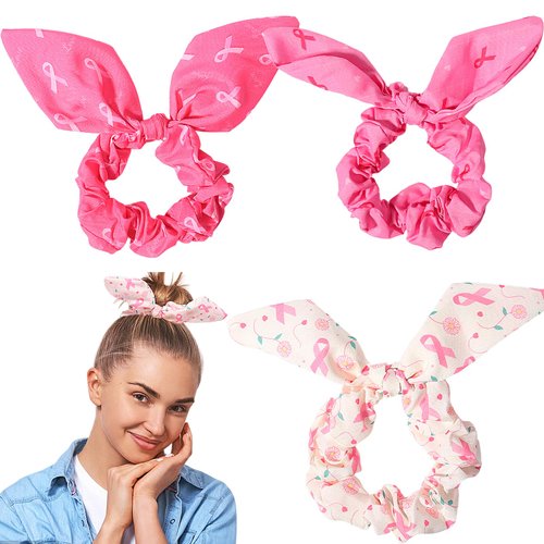 SARATA Pink Ribbon Hair Scrunchies Breast Cancer Awareness Cheer Hair Bows Hair Ties Elastics Rab...