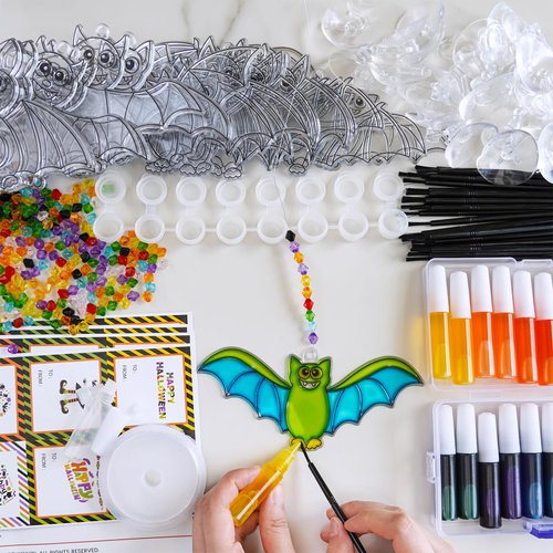 Winlyn 24 Sets Halloween Bat Suncatchers Ornaments Halloween Decorations DIY Window Paint Art Suncatchers Halloween Craft Kits Suncatchers Painting Kits for Kids Activities Classroom Art Project