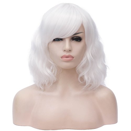 BUFASHION 14" Women Short Wavy Curly Wig White Bob Wig Cosplay Halloween Synthetic Wigs with Side Bang Wig (White