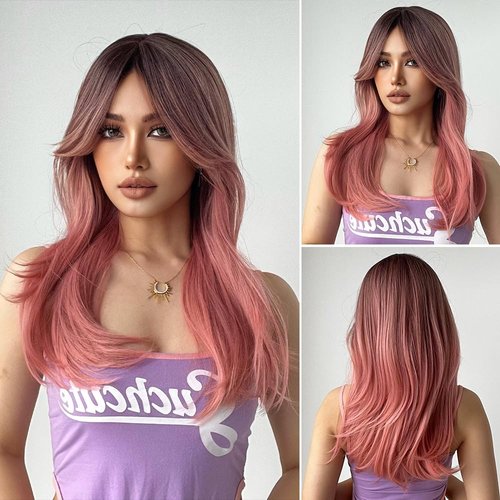 VKheroKV WL-09 Women's Long Length Wigs Layered Wig With Bangs Long Straight Hair Shoulder Length Wig Natural Synthetic Hair Heat Resistant Wigs (Ombre Pink)