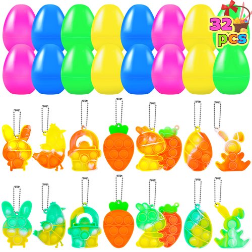 Easter Basket Stuffers for Toddler, 32 PCS Prefilled Easter Eggs with Push Pop Bubble Fidget Toys, Easter Toys Gifts for Kids Teens Girls Boys Easter Hunt Easter Party Favor Classroom Exchange