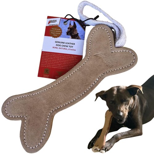 BlazingPaws® Natural Leather Dog Chew Toy, 8 Inch, Premium Leather Bone in No-Dye Finish with Veg-Tanned Thick Leather Core, and No Synthetic Fillings, for Small to Medium Dogs and Puppies
