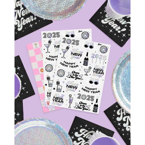 xo, Fetti New Years Eve Party Supplies Tattoos - 42 Foil Styles | Disco NYE Party Favors, Happy New Year Decorations, NYE 2025 Decor