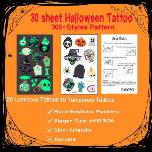 360 Styles Halloween Decorations Party Favors Temporary Tattoos for Kids, 30 Sheets Glow In The Dark Tattoos, Halloween Fake Stickers for Halloween Party Supplies Goodie Bag Fillers