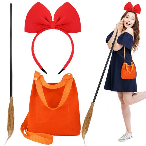 Panelee Witch Halloween Cosplay Costume Accessories for Women Red Bow Headbands Crossbody Bag Witch Broomstick Costume Accessories Realistic Wizard Flying Broom Stick for Halloween