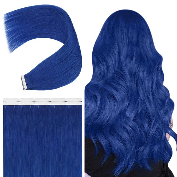JoYoung Human Hair Tape in Extensions Blue hair extensions Tape in Blue Tape ins Human Hair Extensions Blue Tape Hair Extensions Human Hair Colorful Seamless Tape in Extension for Women 16In 25G 10Pcs