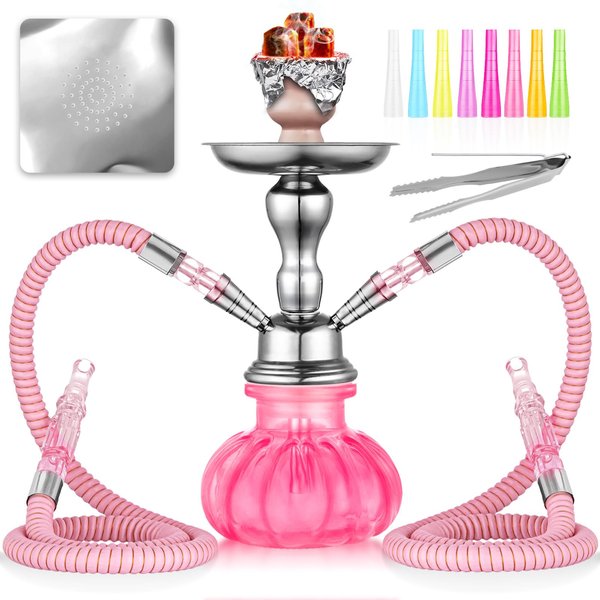 2 Hose Hookah Set 11'' Small Shisha Hookah Set With Mini Pumpkin Glass Vase, Ceramic Bowl, Leather Hose, Coal Tong, Hookah Foil, Disposable Tips (Pink)