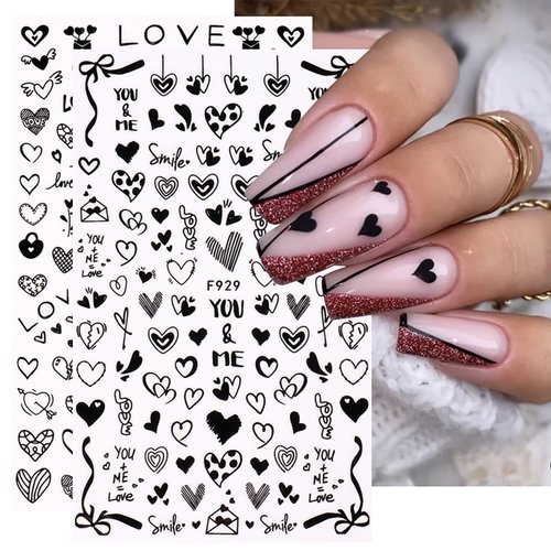 8 Sheets 3D Heart Nail Art Stickers Hearts Nail Decals Self-Adhesive Black White Heart Love Nail Stickers for Women Girls Kids Acrylic Nails Heart Nail Decor DIY Valentines Nail Decorations