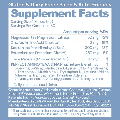 BodyHealth PerfectAmino Electrolytes Powder, Hydration Powder, Sugar Free Electrolyte Drink Mix, Keto Electrolytes Powder, Non GMO, Lemon Lime (30 Servings)