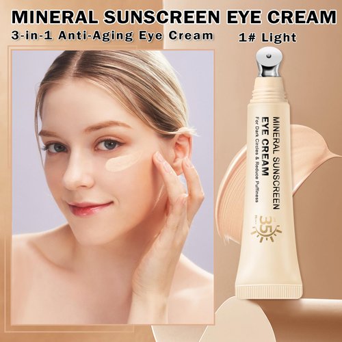 QIUFSSE Mineral Sunscreen Eye Cream,3-in-1 Under Eye Cream,for Puffiness and Bags Under Eyes,Dark Circle and Wrinkles,Anti Aging,Under Eye Brightener and Concealer,SPF 35 （Light）
