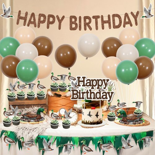 Fangleland Mallard Duck Birthday Party Decorations for Boy, Duck Theme Birthday Party Supplies with Happy Birthday Banner, Duck Cake Topper, 24Pcs Cupcake Toppers, Balloons