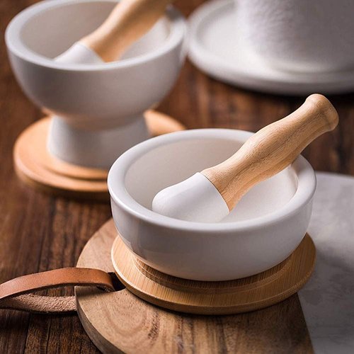 Porcelain Mortar and Pestle Set – Pill Crusher, Spice Grinder, Herb Bowl, Pesto Powder – Molcajete for Salt - Plus Lid/Non-Slip Base