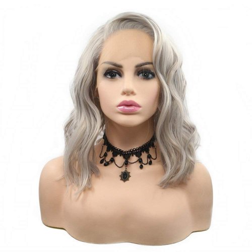 Xiweiya Silver Grey Short Cut Curly Synthetic Lace Front Wigs Bob Hair Curly Lace Wigs Side Parting Heat Resistant Wigs For Women Platinum Gray Wigs 14 inches