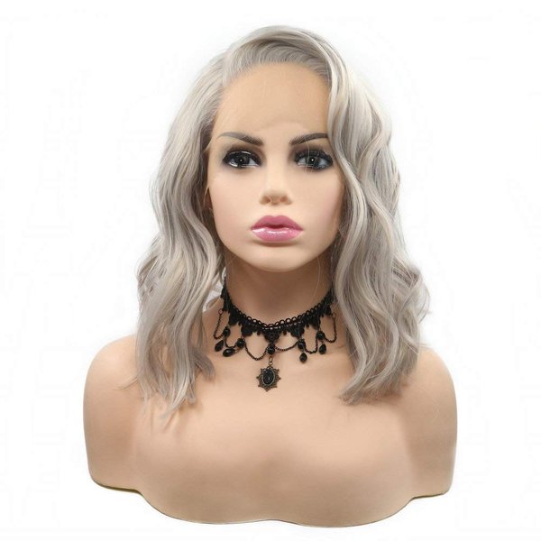 Xiweiya Silver Grey Short Cut Curly Synthetic Lace Front Wigs Bob Hair Curly Lace Wigs Side Parting Heat Resistant Wigs For Women Platinum Gray Wigs 14 inches