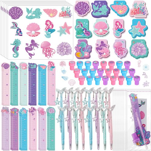 Pajean 144 Pcs Mermaid Party Favors School Supplies Prizes Stationery Set Include Mini Mermaid Notebooks Stickers Pens Stamps Goodie Bag Mermaid Ocean Theme Birthday Decoration Class Reward Gifts
