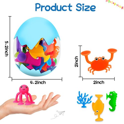18PCS Suction Bath Toys for Toddler Kids, Mold Free Silicone Ocean Animals Suction Cup Bathtub Toys, No Hole Sensory Window Fidget Toys, Fun Creative Gift for Boys Girls with Eggshell