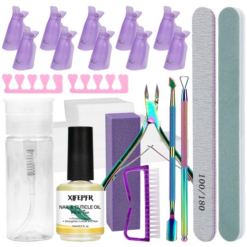 XIFEPFR Gel Nail Polish Remover Tools Kit, 521Pcs Gel Polish Remover Kit with Nail Clips, Nail Wipes, 100ml Pump Bottle, Cuticle Oil, Cuticle Tools, Nail File Buffer Block, Nail Brush, Gifts for Women