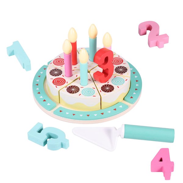 Birthday Cake Cutting Toys, Wooden Play Food Set for Kids Toddlers, Pretend Play Kitchen Toys for Boys Girls