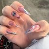 ANDGING Marble Press on Nails Stiletto Pink Medium Long Fake Nails Glue on Nails with Butterfly Design Manicure Acrylic 24Pcs Women False Nails with Glue Gel Stick on Nail for Wedding Birthday KLA778