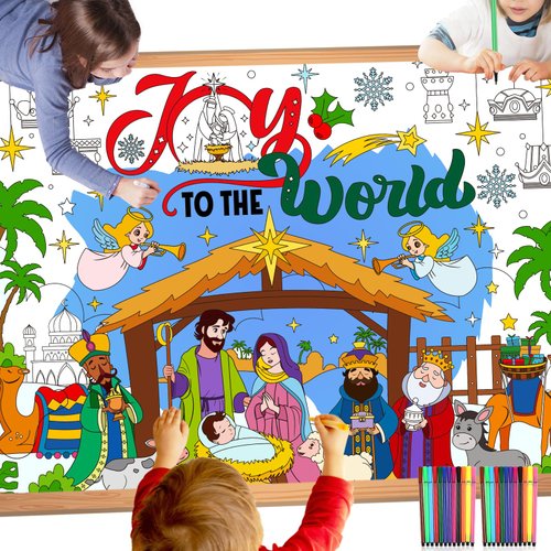 HOWAF Christmas Joy to The World Coloring Poster with 24 pcs Paint Pens,Nativity Scene Jumbo Paper Coloring Banner,Religious Christmas Coloring Tablecloth Christmas Party Favors Holiday Activities