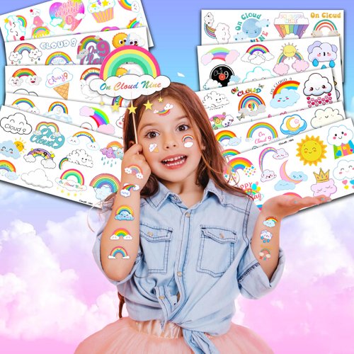 On Cloud 9 Temporary Tattoos Stickers Themed 9th Birthday Party Favors Decorations Supplies 103PCS Colorful Rainbow Tattoo Sticker Gifts For Boys Girls School Prizes Carnival Christmas