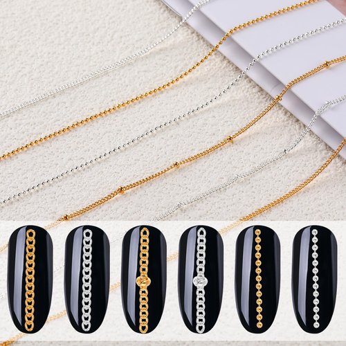 6 Strips Chain Nail Charms,Gold Nail Chains 3D Nail Art Charms Silver Chain Accessories Supplies,Metal Punk Nail Caviar Beads for Nails,DIY Women Nail Art Decoration