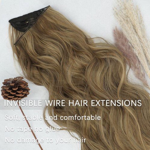 DeeThens Long Wavy Hair Extensions Honey Blonde with Highlight Transparent Fish Line Synthetic Hairpiece with 4 Secure Clips Adjustable Invisible Wire Headband for Women Daily Use（20 Inch）