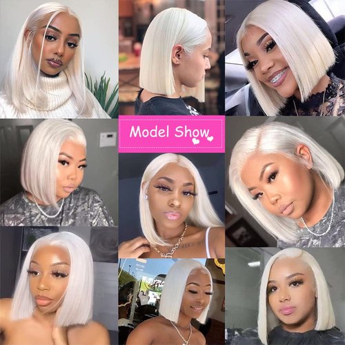 FENJUN HAIR Glueless Wigs Human Hair #60 Grey Icy White Platinum Blonde Bob Wig HD Lace Front Wigs for Women 12 Inch Silky Straight Ash Blonde Bob Hair Cut Pre plucked and Bleached Knots
