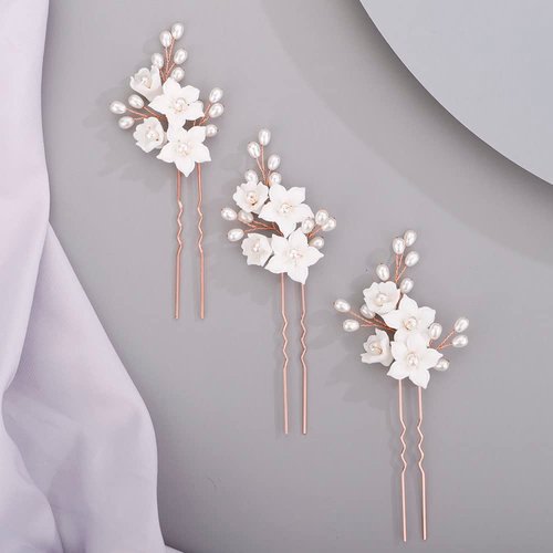 Chargances 3pcs White Flower Pearl Hair Pins Bridal Rose Gold Pearl Beaded Hair Pins Handmade Wed...
