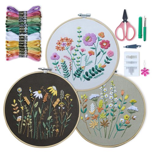 ETSPIL 3 Sets Embroidery kit for Beginners Adults，Learn 33 Different Stitches DIY Kits ，Includes Stamped Flower Pattern, Hoop, Color Threads,Tools,Easy to Follow Instruction & Video… (Flower A3)