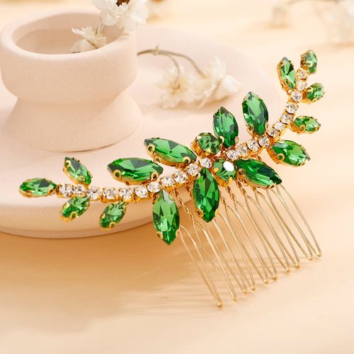 Teyglen Crystal Bride Wedding Hair Comb Bridal Green Rhinestone Side Comb Dainty Black Blue Red Hair Pieces Bridal Headpieces Hair Accessories for Women Bride Girls(Gold-Green)