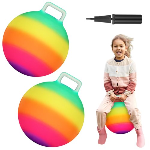 Poen 2 Pcs Bouncing Ball with Handle, Hopper Ball Jumping Hopping Ball with Air Pump, Bouncy Ball for Kids Exercise Ball for Boys Girls Gifts Games(18 Inch,Rainbow)
