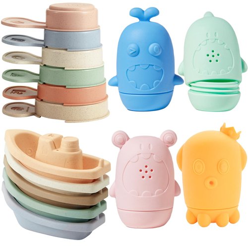 AMCHSURI Bath Toys for Kids Ages 1-3, 15 PCS Mold Free Toddler Bath Toys for 2-4 Bathtub Water Table Pool Toys Stackable Boats and Spoons and Silicone Bath Toy for Babies 6-12 Months