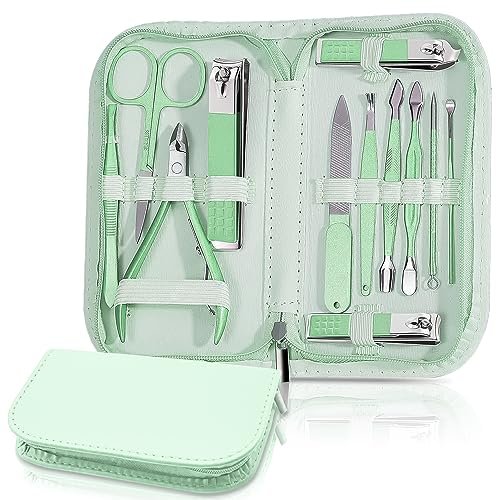 Manicure Pedicure Set, Nail Clipper Set for Men Women, Professional Manicure Kit Pedicure Kit, Nail Care Kit with Green Travel Leather Bag, Set 12 in 1