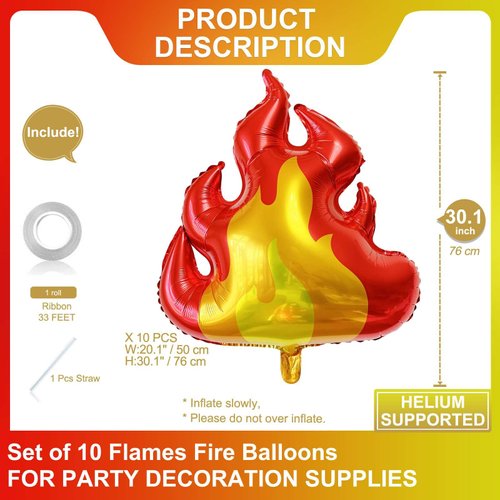 10 Pcs Fire Balloons Giant 30 Inch Red Flame Balloons Fire Shape Balloons Decorations for Firefighter Party Favors Firefighting Theme Kids Birthday Party Hunting Campfire Decoration Supplies