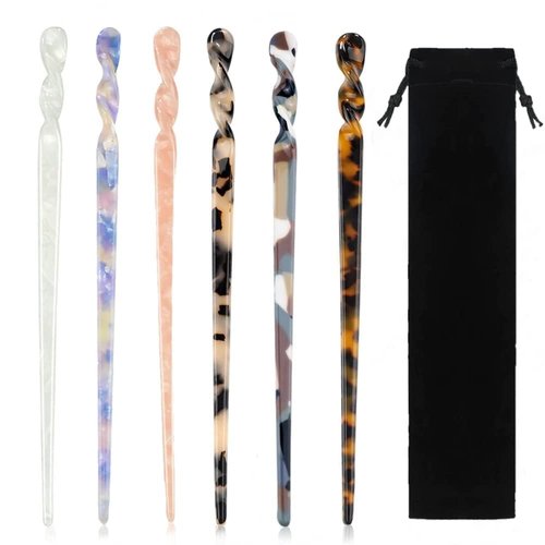 La Jolie Jasmin 6 Pieces Acetate Hair Sticks, Vintage Tortoiseshell Hair Chopsticks with Leopard Print, for Buns Hair Clips Hair Sticks for Long Hair Accessories, Includes Flannel Bag for Women Girls