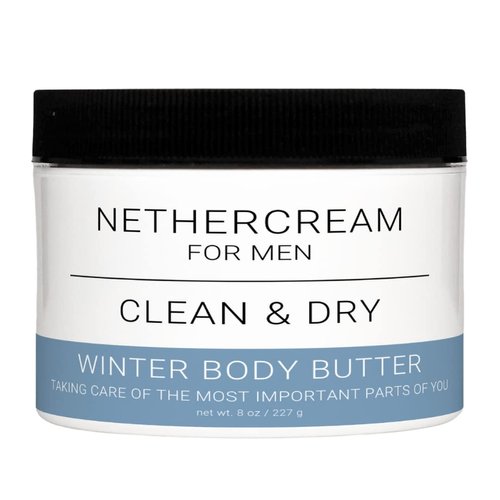 NetherCream for Men: Clean & Dry - Winter Body Butter | Coconut Oil & Raw Shea Butter with Vitamin E, Reduce Sweat, Remove Odor, Stay Clean & Dry, 8 Fl oz