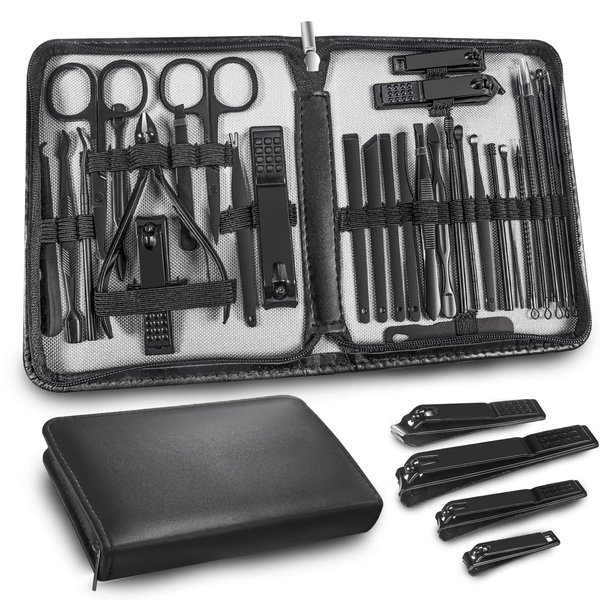 Manicure Set Personal Care Mens Grooming Kit, 30 In 1 Professional Manicure Kit Pedicure Kit, Nail Clippers for Men and Beauty Tool Portable Set, with Luxurious Travel Case (Black)