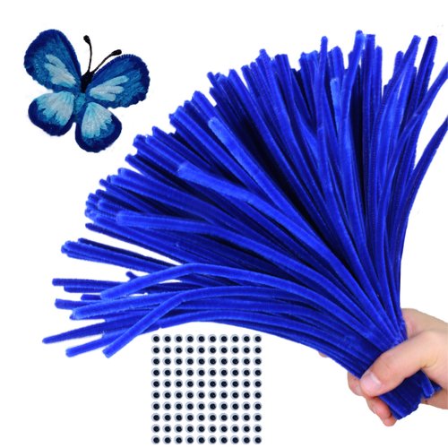 AHUIFT Upgraded 100PCS Blue Pipe Cleaners Chenille Stems Bulk DIY Art Supplies Craft Bonus Googly Eyes Thicker Long Fuzzy Sticks Wires for Adults and Toddlers