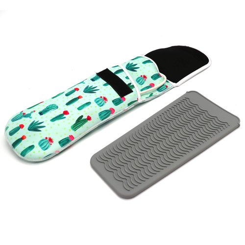 CAMSTIC Heat Resistant Travel Hair Curler Flat Iron Pouch and Silicone Mat Set (Catcus)
