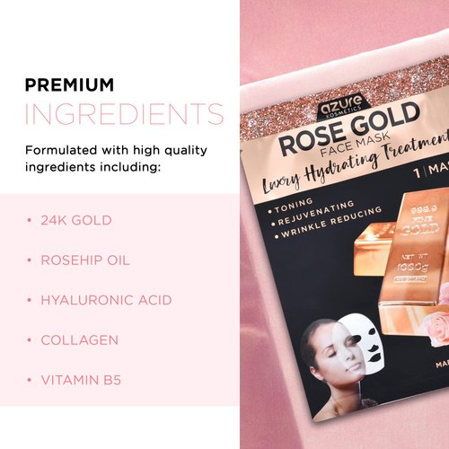 AZURE Rose Gold Luxury Hydrating Facial Sheet Mask - Firming, Lifting & Deeply Moisturizing - Helps Reduce Fine Lines & Wrinkles, Signs of Aging & Dry Patches - Skin Care Made in Korea - 5 Pack