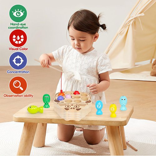 NAODONGLI Wooden Magnetic Fishing Game for Toddlers 1-3,Montessori Preschool Education Activities Fishing Toys Learning Fine Motor Skills Best Birthday Gift for 3 4 5 Year Old Boys Girls