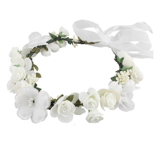 SH Rose Flower Wreath for Women, Bridal Floral Headband Hair Wreath Crown, Flower Headpiece with Ribbon Wedding Party Festival Photos Door Outside Wall Window Décor, White