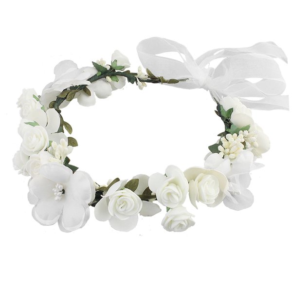 SH Rose Flower Wreath for Women, Bridal Floral Headband Hair Wreath Crown, Flower Headpiece with Ribbon Wedding Party Festival Photos Door Outside Wall Window Décor, White