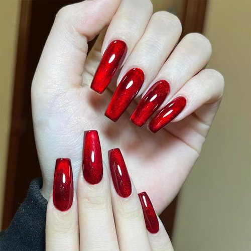 Red Press on Nails Medium Coffin Fake Nails Wine Red Cat Eye Fake Nails Christmas Nails Glue on N...